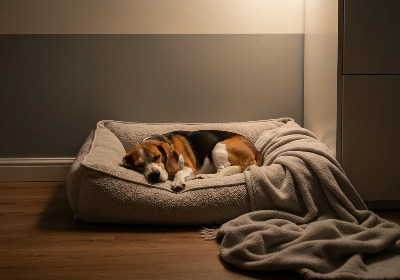 Adult Beagle resting peacefully on a couch