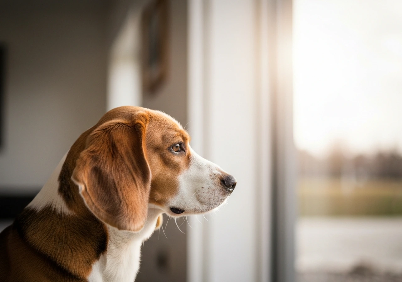 Senior dog gazing out the window, reflecting on quieter days