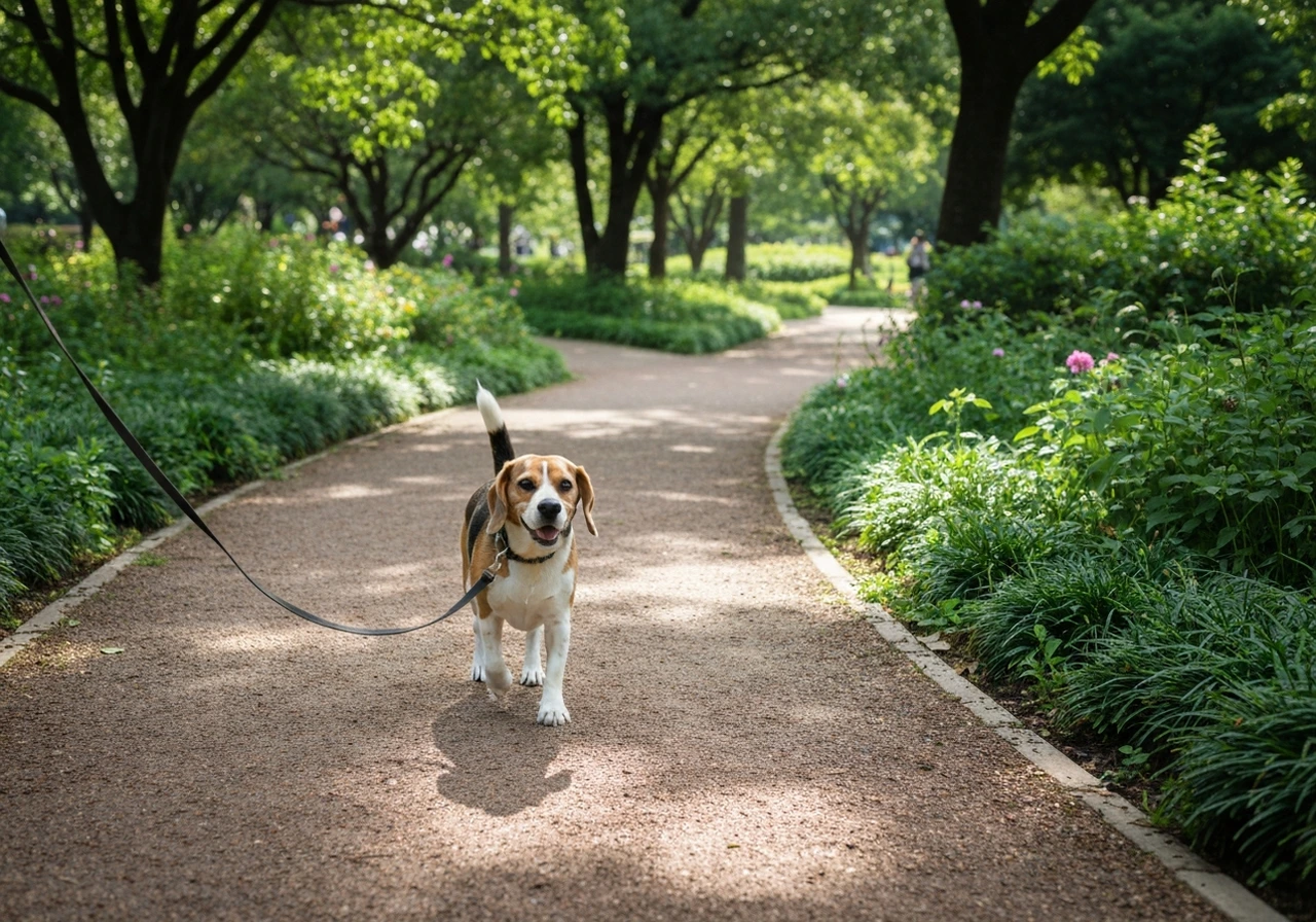 Adult Beagle on a quiet walk, a reminder of shared moments