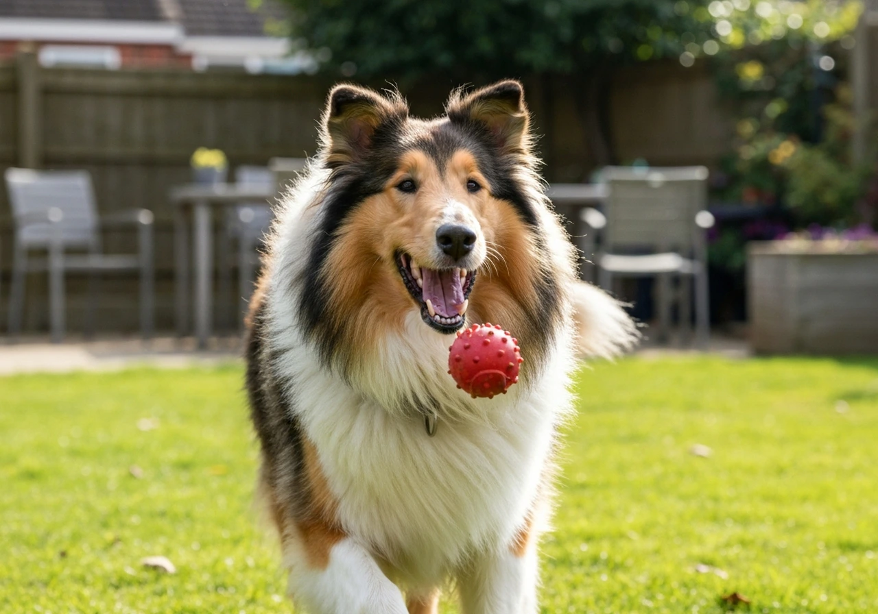 Adult Rough Collie in a garden enjoying a peaceful moment