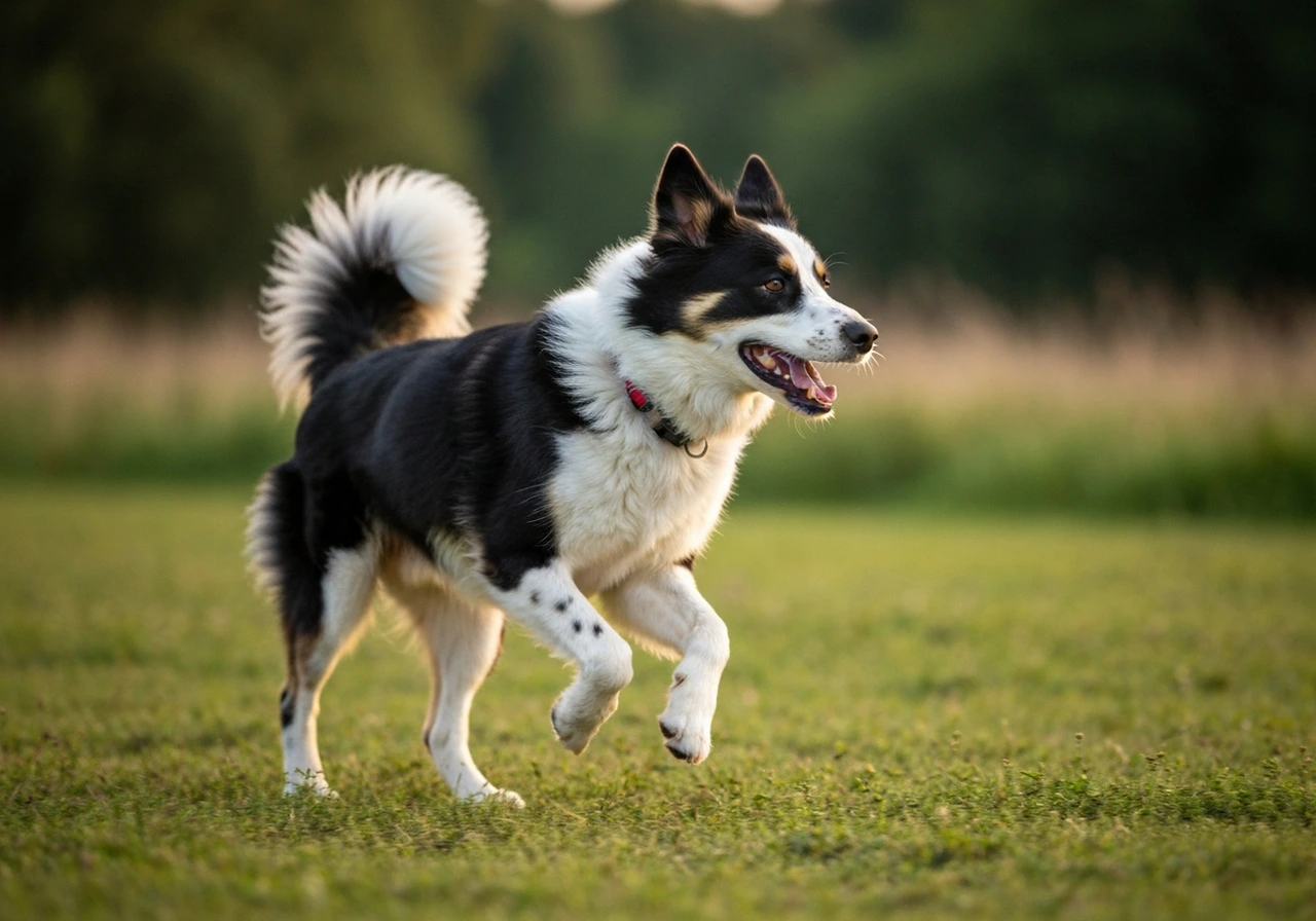 Adult Rough Collie moving gently across a green field