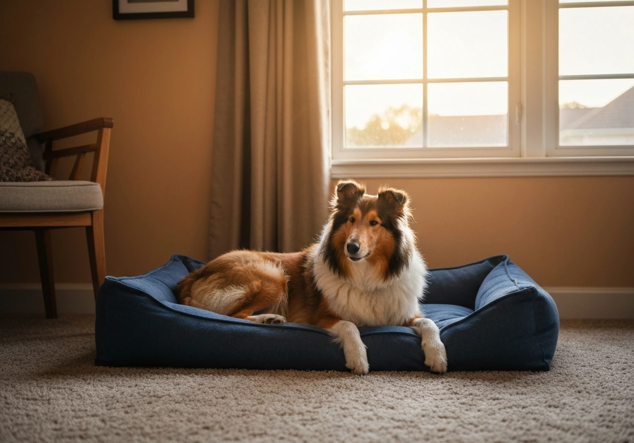 Senior Rough Collie resting comfortably at home