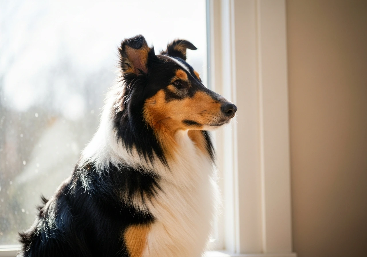 Adult Collie looking through the window on a quiet day