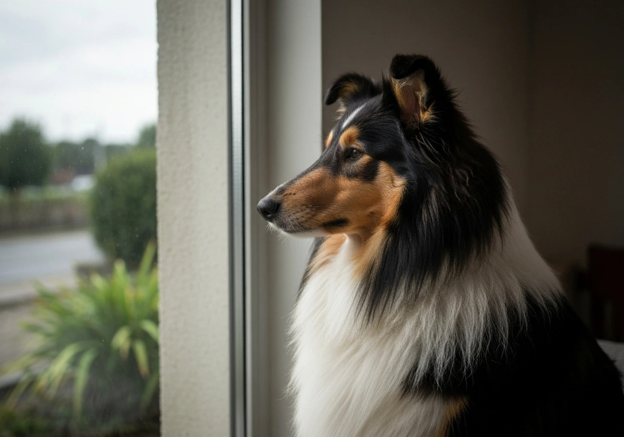 Senior Collie gazing through the window on a quiet afternoon