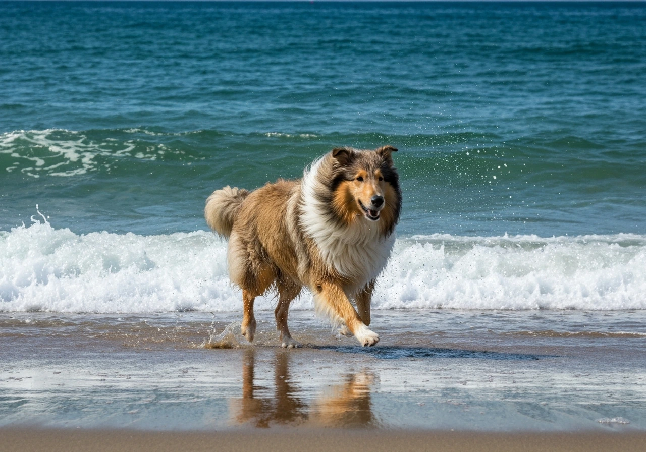 Adult Collie enjoying a peaceful walk on the beach