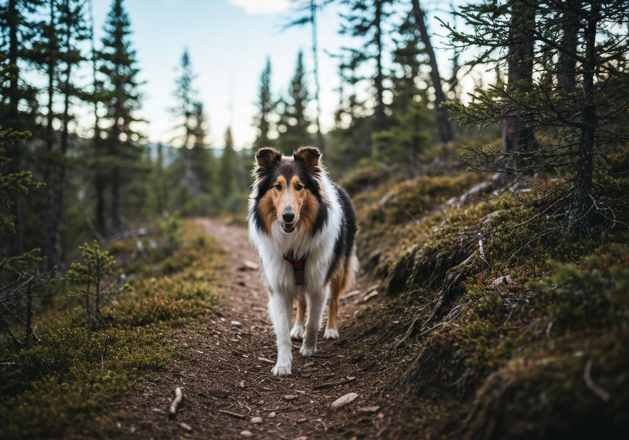 Adult Rough Collie walking along a scenic trail