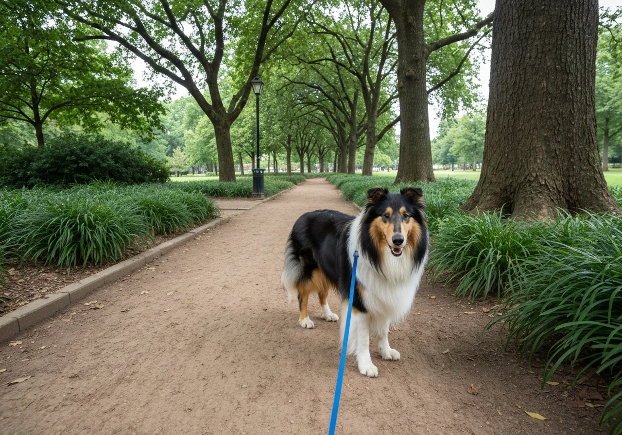 Adult Rough Collie on a gentle walk at a slow pace