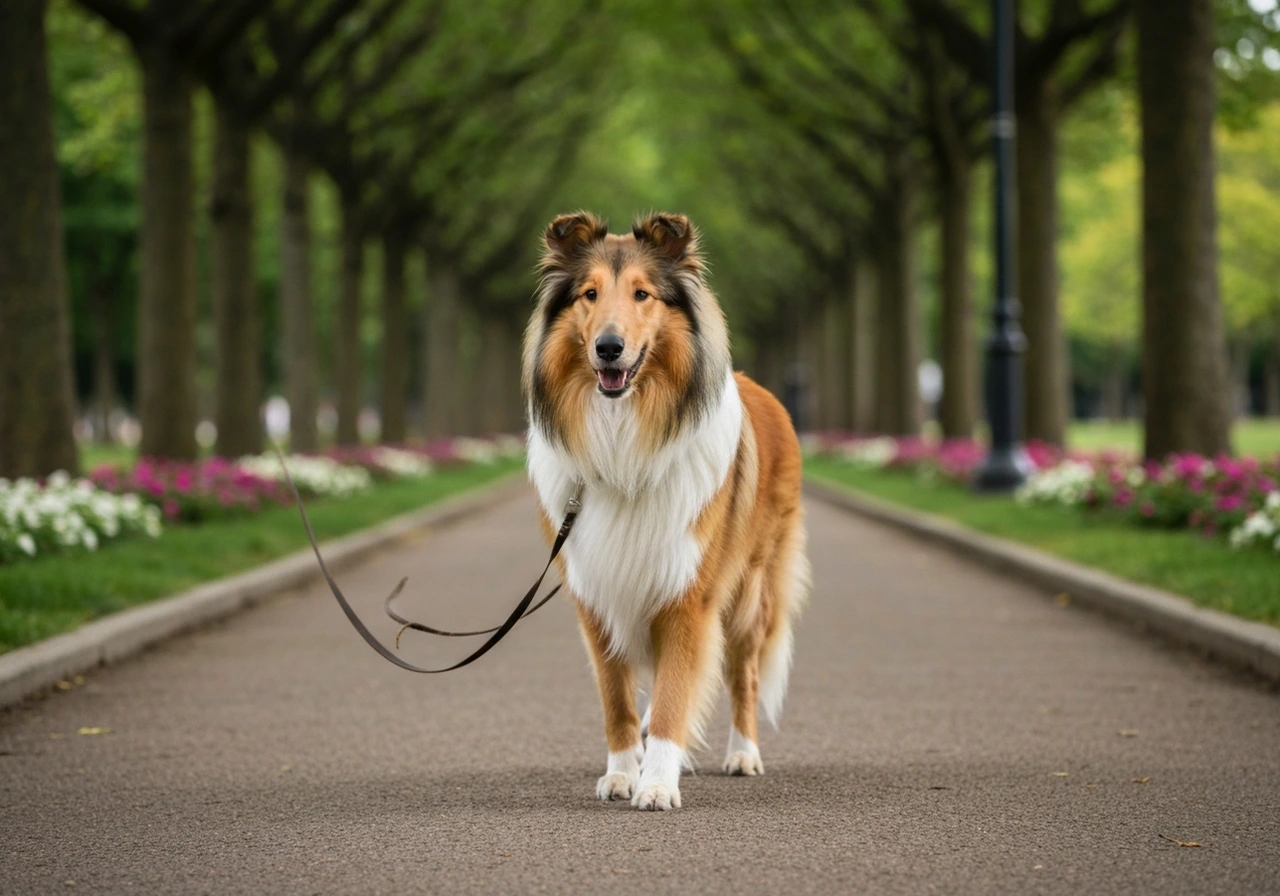 Adult Rough Collie walking outdoors in golden light