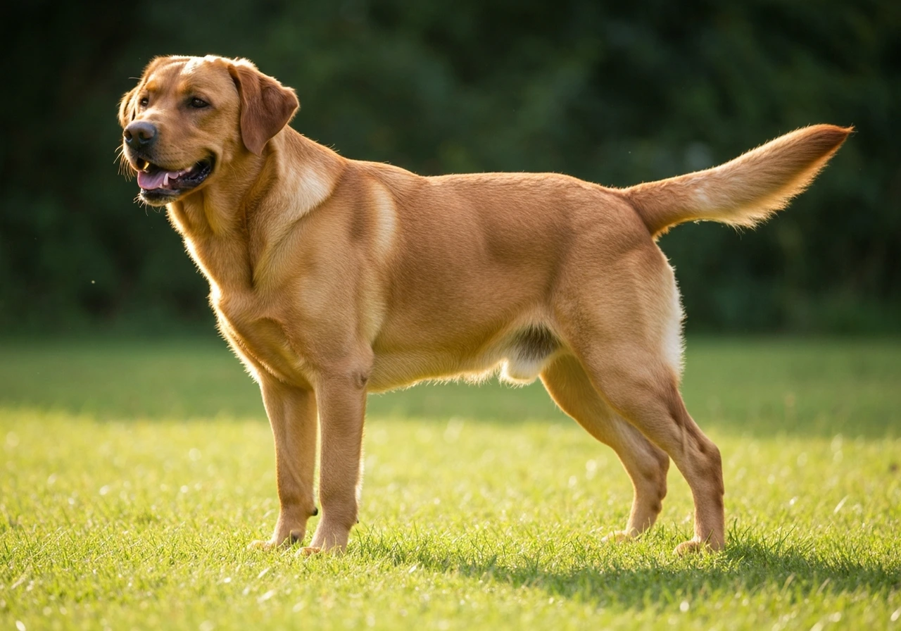 Senior Labrador Retriever with a grey muzzle looking up gently