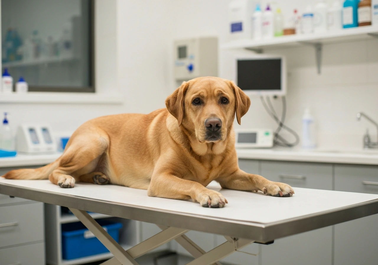 Adult Labrador Retriever resting with a calm expression