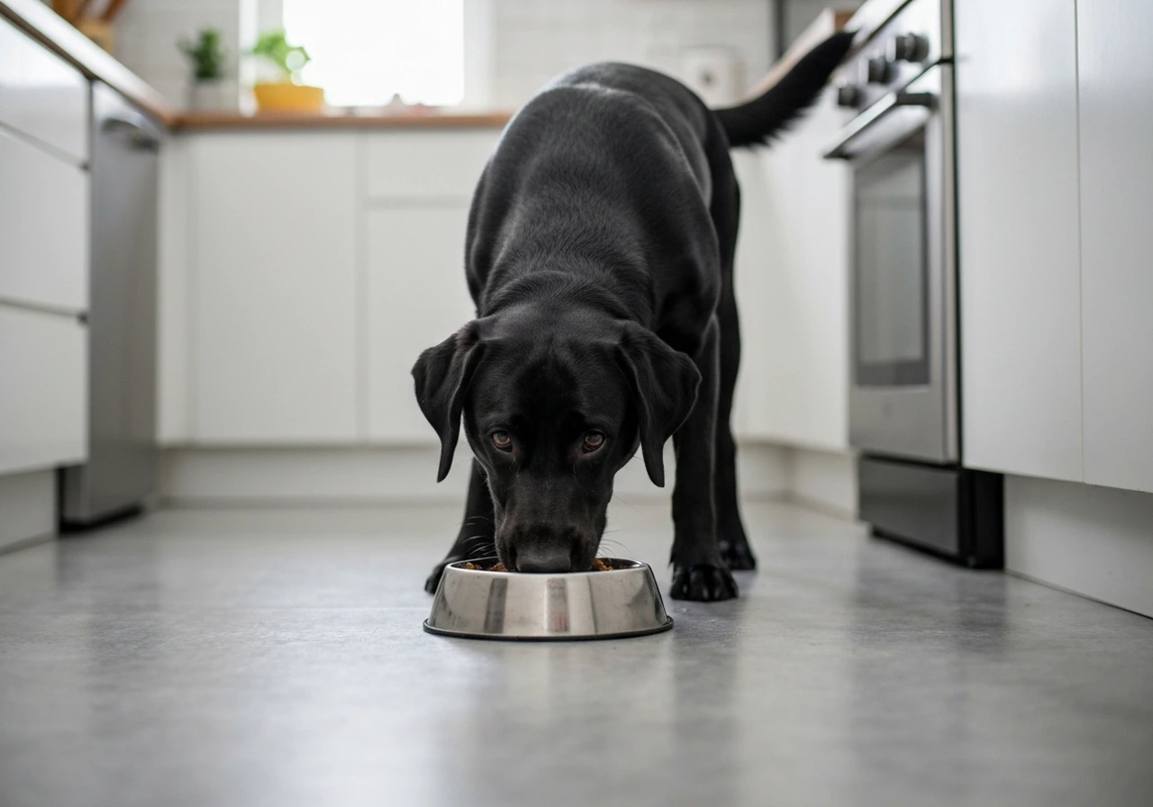 Senior Labrador Retriever with greying muzzle resting calmly