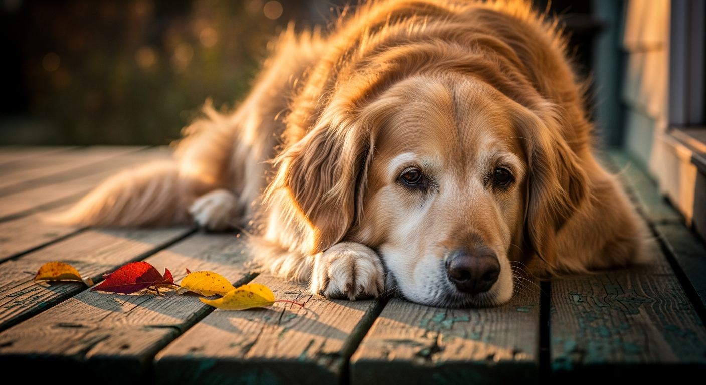 Senior golden retriever with white muzzle resting on a weathered wooden porch at golden hour